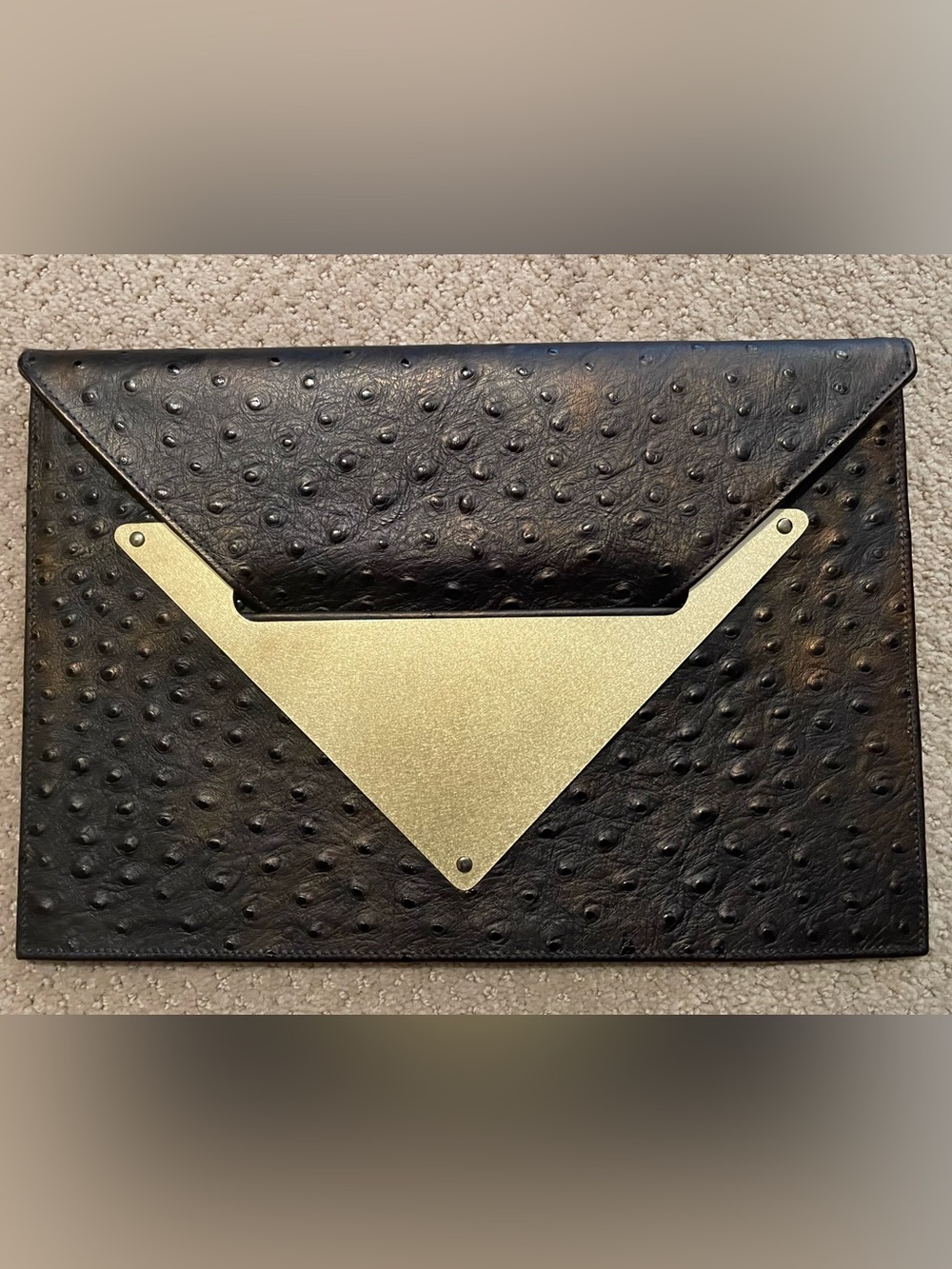 Black Ostrich Envelope Clutch with Gold Triangle Accent